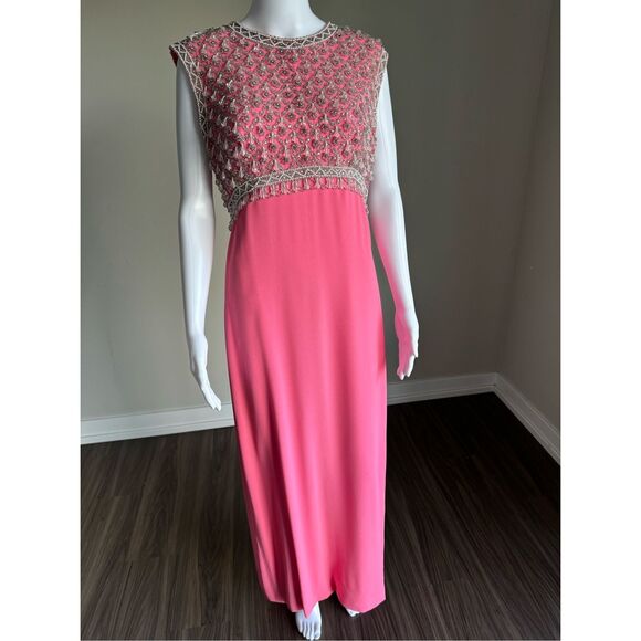 Vintage 60’s Beaded Bodice Gown Maxi Dress With Back Bows - Picture 1 of 13